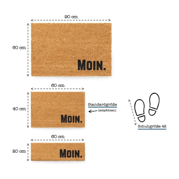 Set von Kokos Fußmatten mit 'Moin' in drei Größen, 20x60 cm, 40x60 cm und 90x60 cm