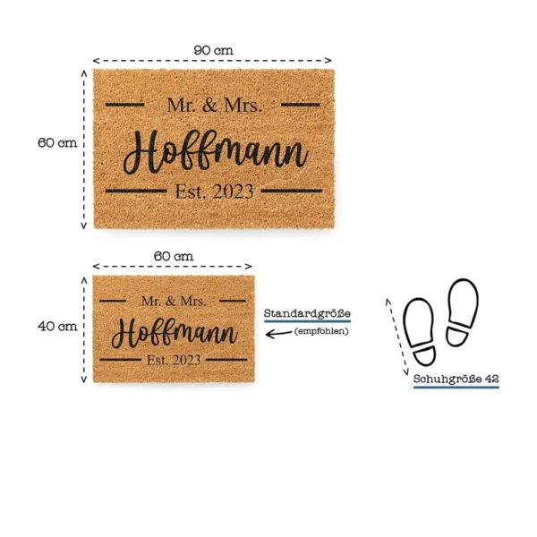 Set von personalisierten Kokos Fußmatten 'Mr and Mrs' mit Familiennamen und Heiratsjahr in zwei Größen, 40x60 cm und 90x60 cm