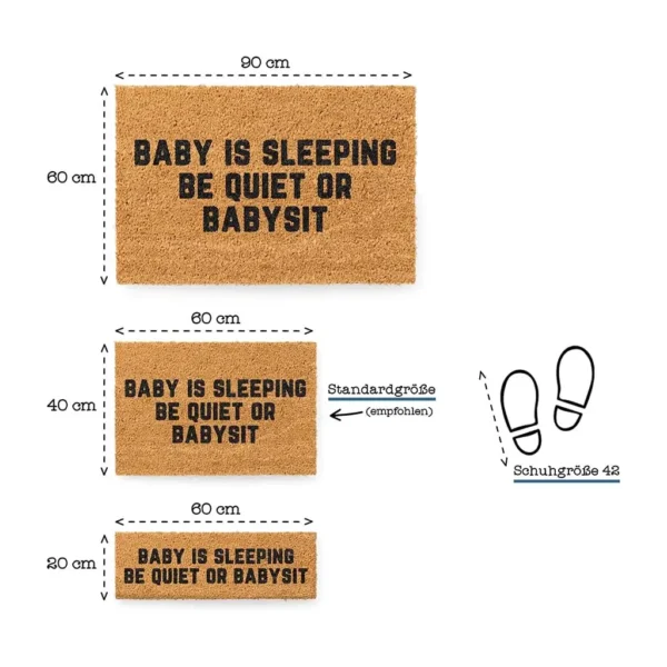 Set von Kokos Fußmatten mit 'Baby is Sleeping Be Quiet or Babysit' in drei Größen, 20x60 cm, 40x60 cm und 90x60 cm